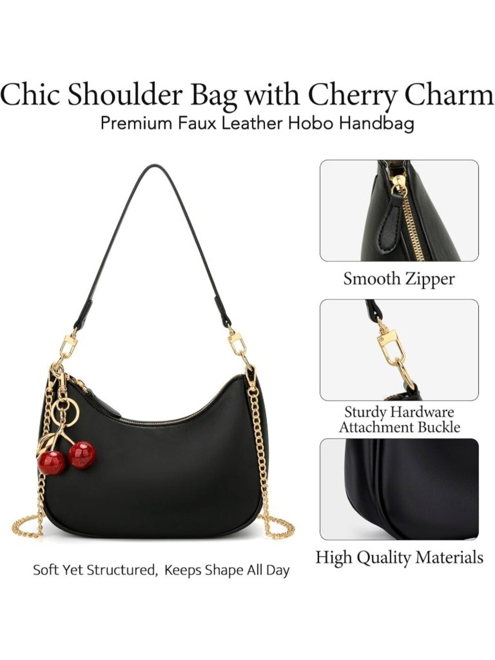Women's Bag Black Leather Cute Hobo Shoulder Handbags Retro Clutch Stylish Purse - Picture 5 of 7